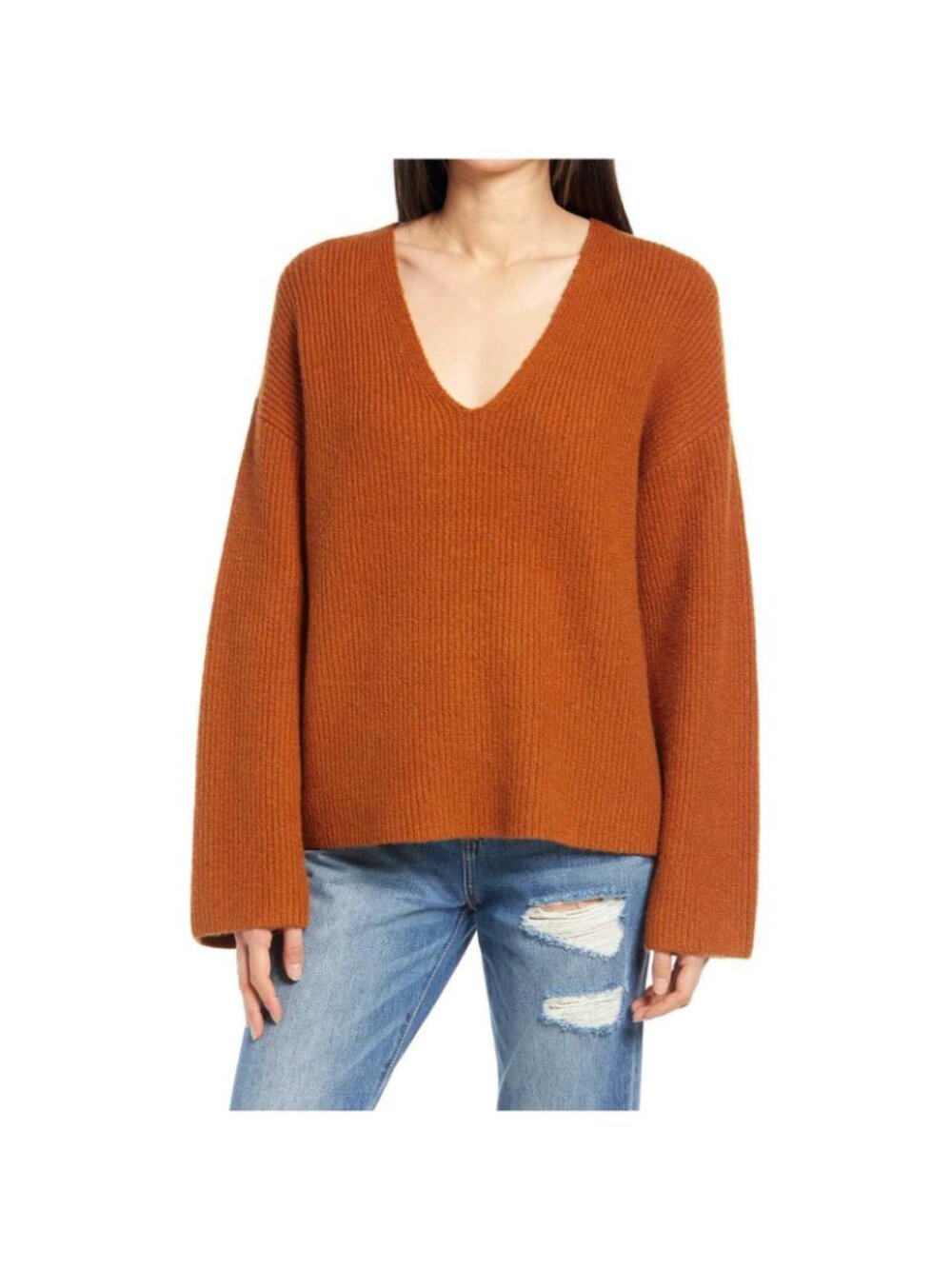 Treasure & Bond Rust Umber Cotton-Wool V-Neck Ribbed Knit Sweater Women's XXL - Picture 3 of 9